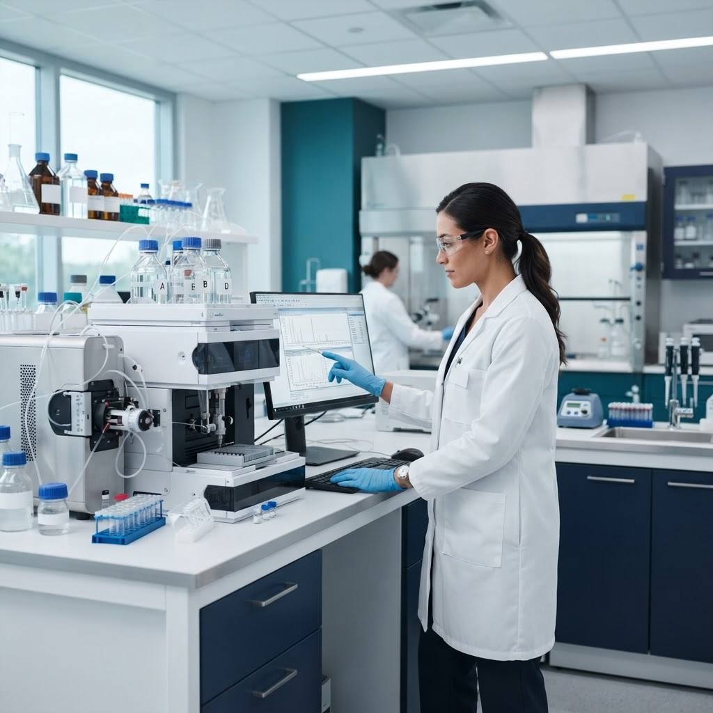 PepScan Australia scientist operating an HPLC mass spectrometer