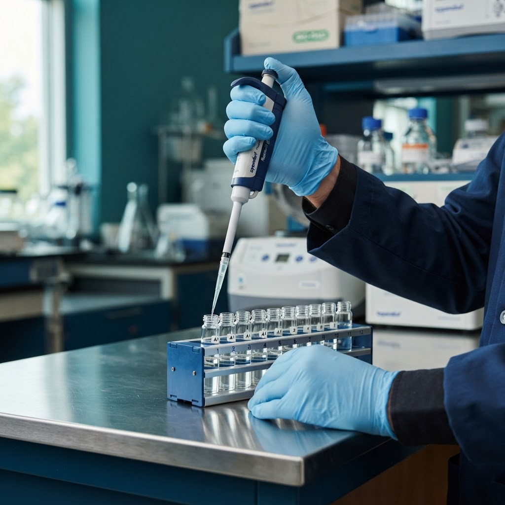 Analyst pipetting a peptide sample